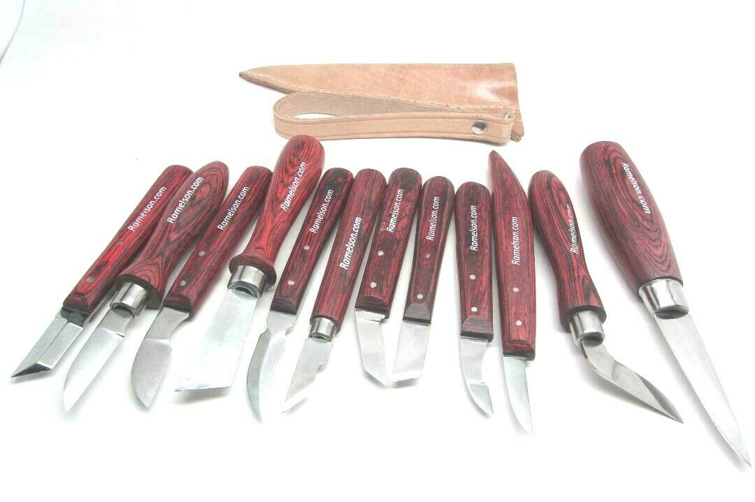 12pc Wood Carving Detail Chip Knives w/Leather Tool Roll